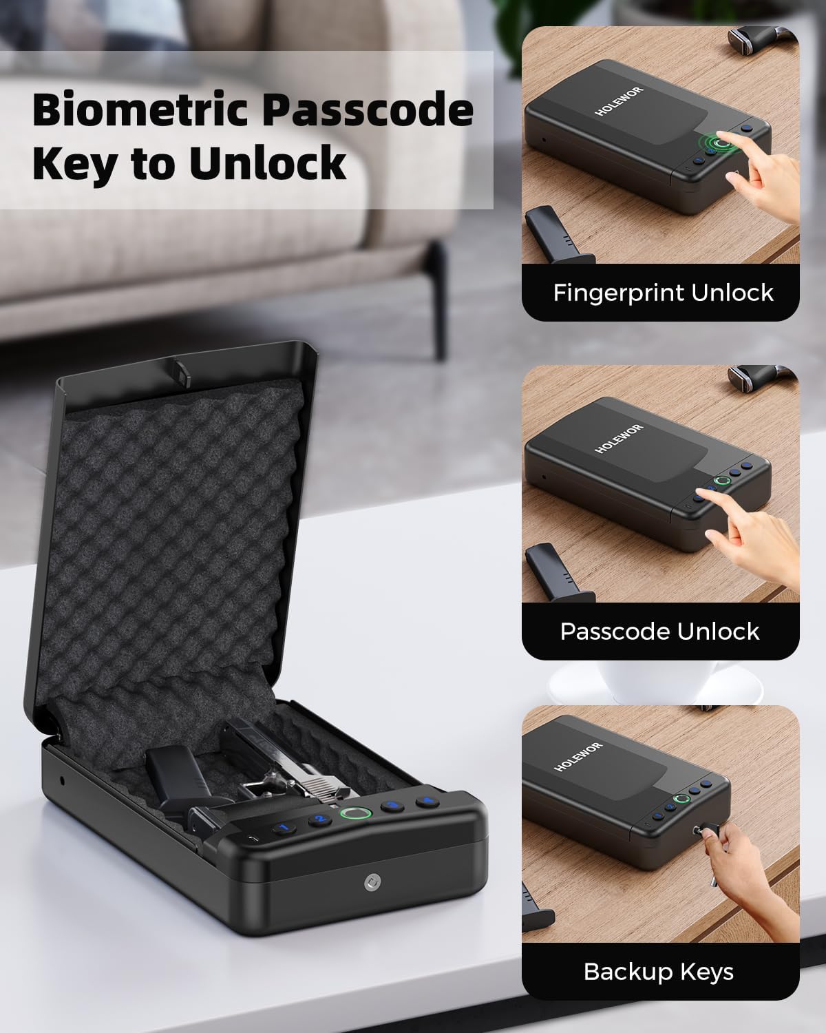 Skiennix Car Gun Safe - Biometric Handgun Lock Box for Quick Access | Portable Travel Case
