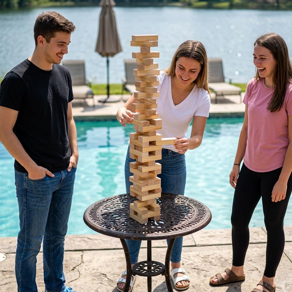 Outdoor Games Large Tower Stacking Game - 54 Wooden Blocks, 4 Ft Tall, Includes Carry Bag & Scoreboard