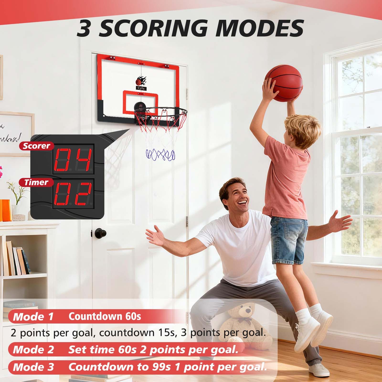 CYFIE 24" x 16" Large Basketball Hoop, Suction Cup/Over The Door Basketball Hoop with Sturdy Backboard/Electronic Scoreboard,Sound,3 Balls, Basketball Toys Gifts for Adults Kids Teens Boys Girls