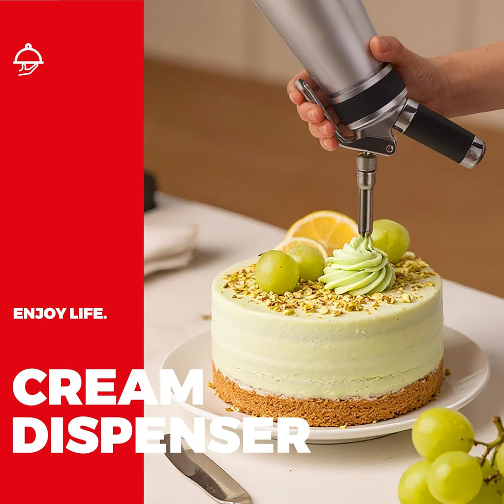 Skiennix Professional Aluminum Whipped Cream Dispenser - Leak-Free 500 mL Canister with 8 Nozzles & Brush | Silver