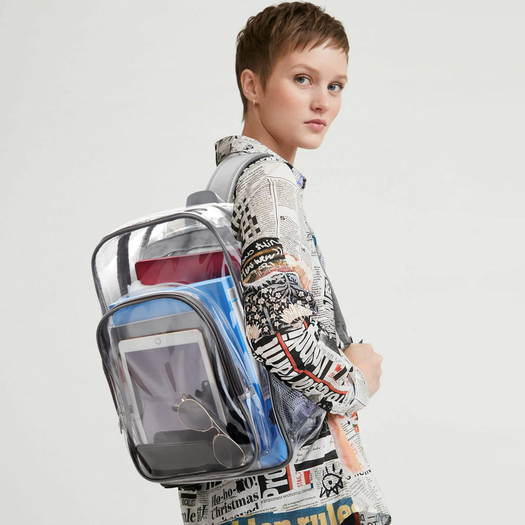 Nausear Clear Backpack School Bag Stadium Approved Heavy Duty Large PVC Laptop Transparent Backpack See Through Backpack for Sports, Work, Stadium, Security, Travel, College - H18''xW14''xD8“ - Grey