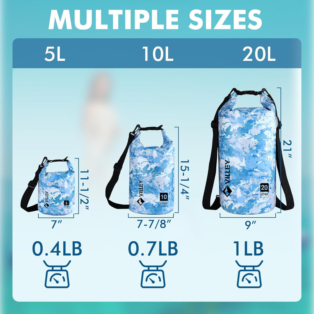 VILLEY Waterproof Dry Bag - 10L Roll Top Backpack for Kayaking, Boating & Camping | Blue Camo Design