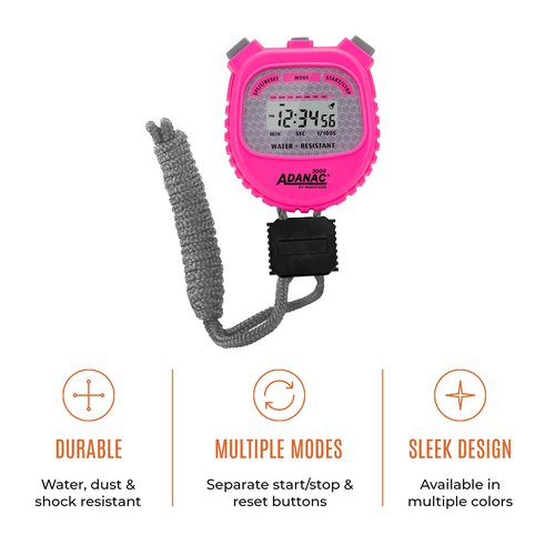 Marathon Adanac 3000 Digital Stopwatch Timer, Neon Pink - High Precision Accuracy to 1/100th Seconds - Water, Dust & Shock Resistant - 46” Lanyard Included