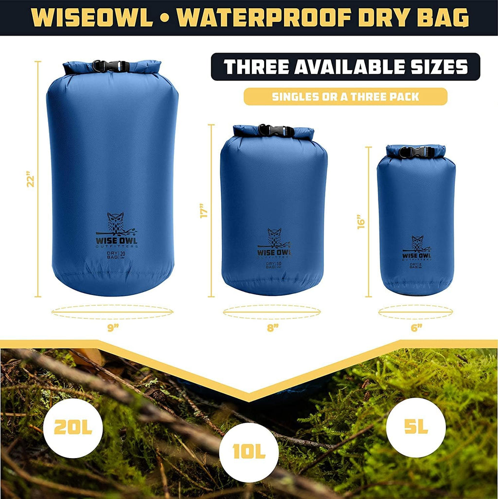 Wise Owl Outfitters Waterproof Dry Bag 3-Pack - Lightweight & Airtight 5L/10L/20L for Kayaking, Beach & Travel