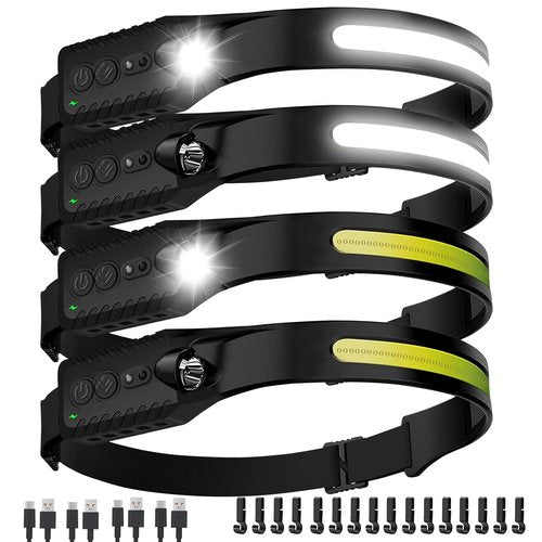 Nessciera Rechargeable LED Headlamp, 400 Lumens, 230° Wide Beam, USB-C, IPX4, 5 Modes — Lightweight, Adjustable Headband; Hard Hat Clips for Camping, Hiking, Running, Repairs & Gift (4 pack, Black)