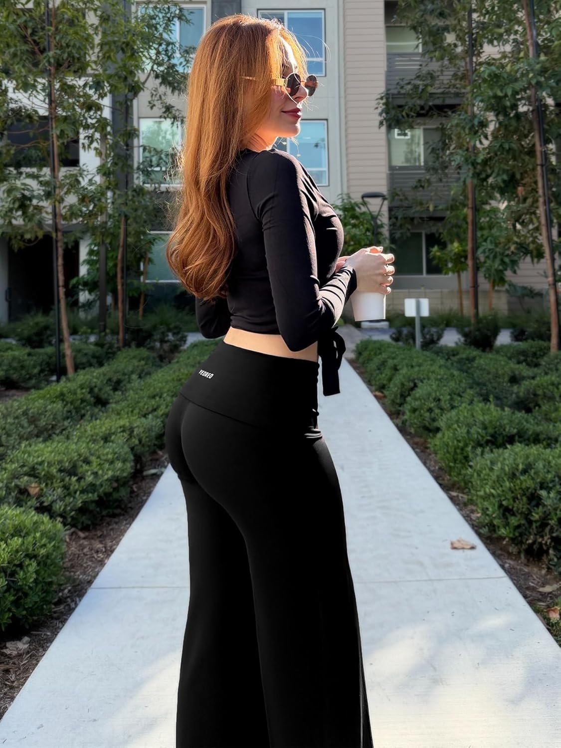 YEOREO VitaWeave Straight Leg Leggings - Women's Fold Over Wide Leg Pants | 31.5" Casual Gym Wear