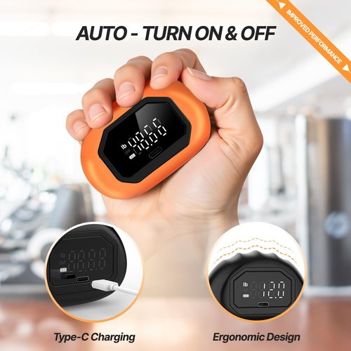 HICHOR Hand Grip Strength Tester Trainer - Strength Dynamometer for Fun Rechargeable Hand Exercising Device with Finger Exerciser and Stretcher Exercise Workout Equipment for Palm Black Orange