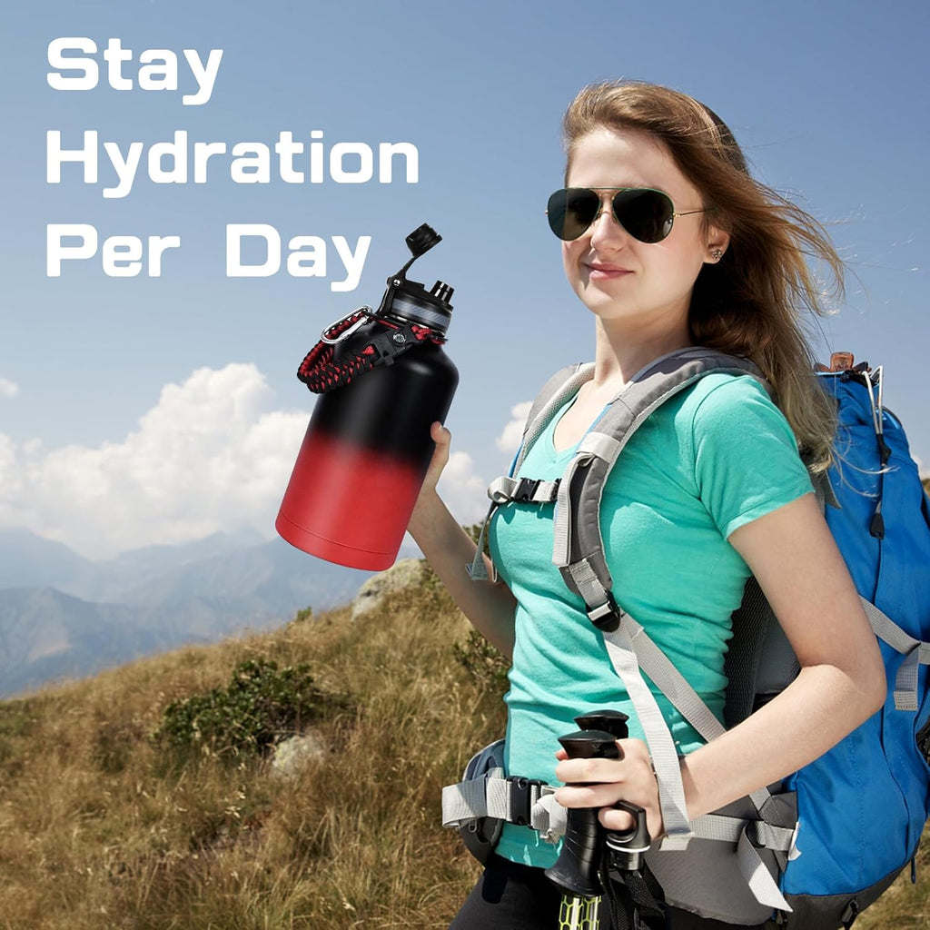Skiennix Insulated Water Bottle - 64 oz Half Gallon Stainless Steel Flask with 2-in-1 Lid & Paracord Handle