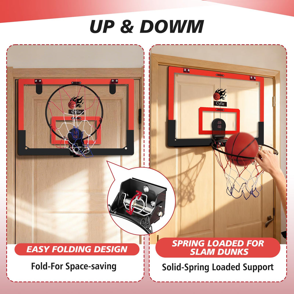 CYFIE 24" x 16" Large Basketball Hoop, Suction Cup/Over The Door Basketball Hoop with Sturdy Backboard/Electronic Scoreboard,Sound,3 Balls, Basketball Toys Gifts for Adults Kids Teens Boys Girls