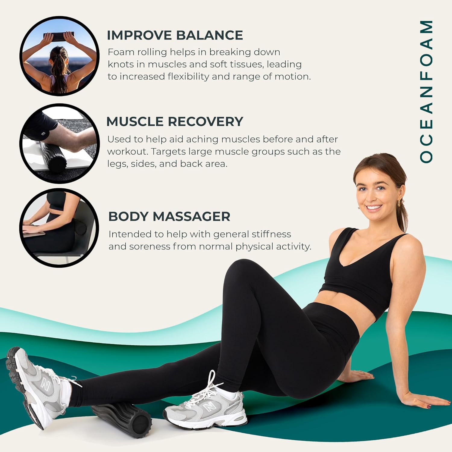 Oceanfoam Ripple Foam Roller - Firm Mini Travel Roller for Deep Tissue Massage | 11" x 3.35" - High Density, Ergonomic Design (Black)