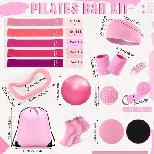 LaRandom Pilates Bar Kit with Resistance Bands Multifunctional Pilates Bar with Metal Adjustment Buckle Portable Storage Bag Yoga Essentials Kit Exercise Equipment for Home Women Gym Workout(Pink)