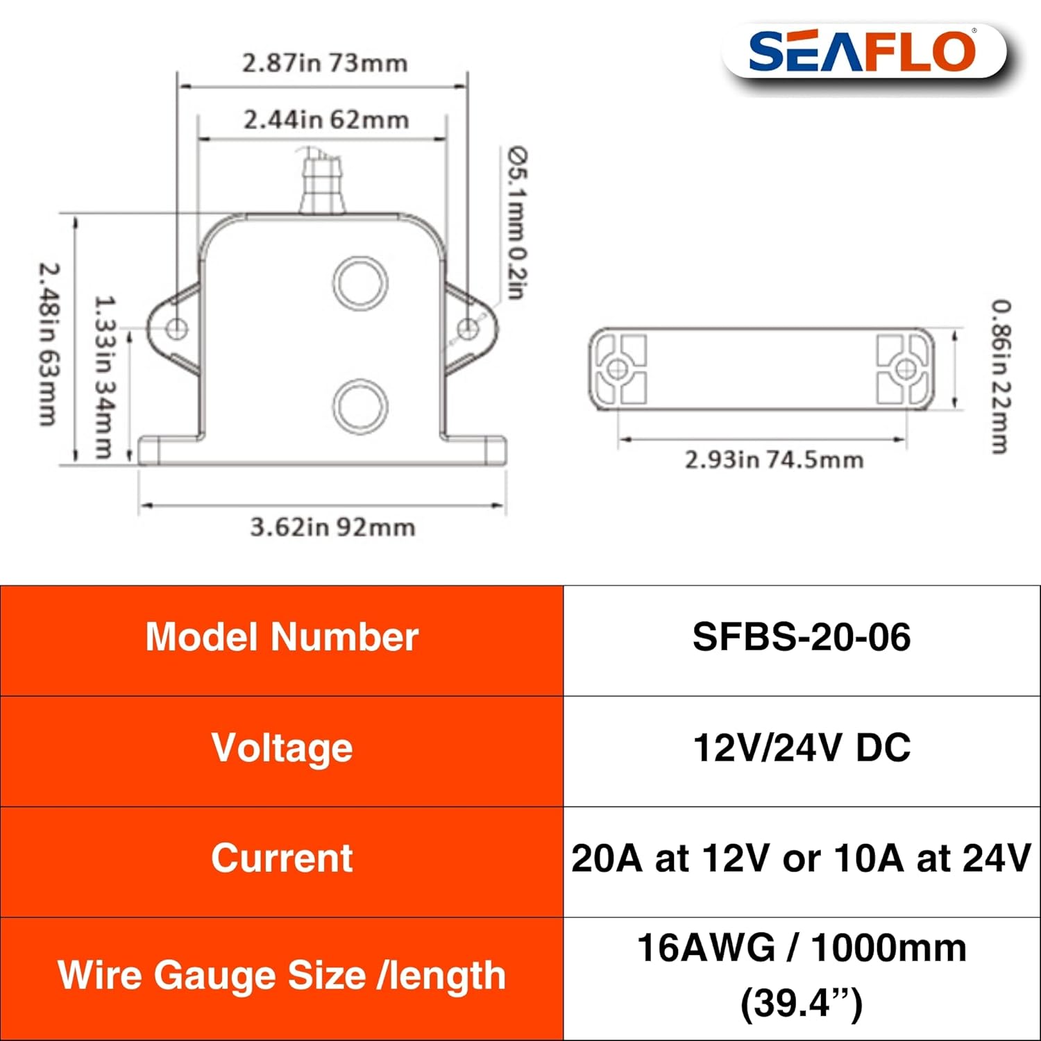 SEAFLO Electric Bilge Switch - Automatic Water Level Sensor, 12V/24V, 20A/10A, Marine Boat | 4-Year Warranty