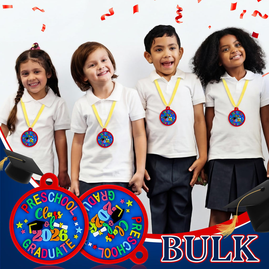 Sratte 12 Pcs Kindergarten Preschool Graduation Medal for Kids Graduating Award Medals with Yellow Neck Ribbon for Students Graduation Party Favors Supplies, 2 Inch (Class of 2026)