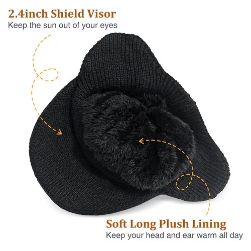ZEXIAN 2Pack Men&Women Winter Warm Fleece-Lined Knit Beanie Hats with Visor & Ear Flaps for Cold Weather (US, Alpha, One Size, Black+Grey)