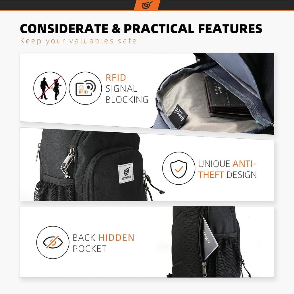 SKYSPER Sling Bag - RFID Crossbody Backpack for Men & Women | 18L Capacity - Black