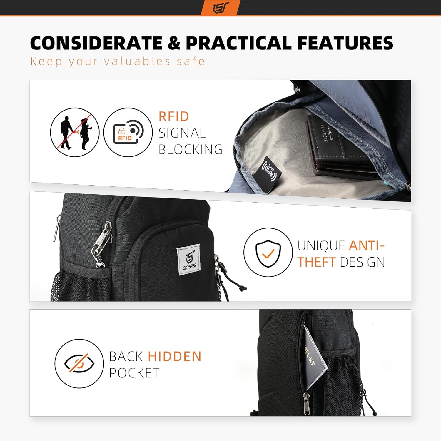 SKYSPER Sling Bag - RFID Crossbody Backpack for Men & Women | 18L Capacity - Black