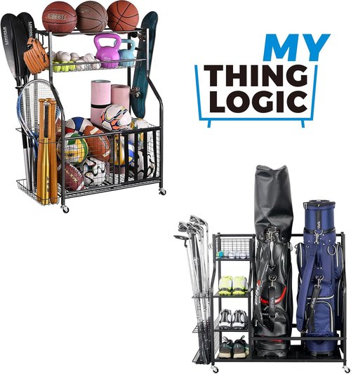 Mythinglogic Garage Sports Equipment Organizer - Large Capacity Ball Storage with Hooks & Baskets