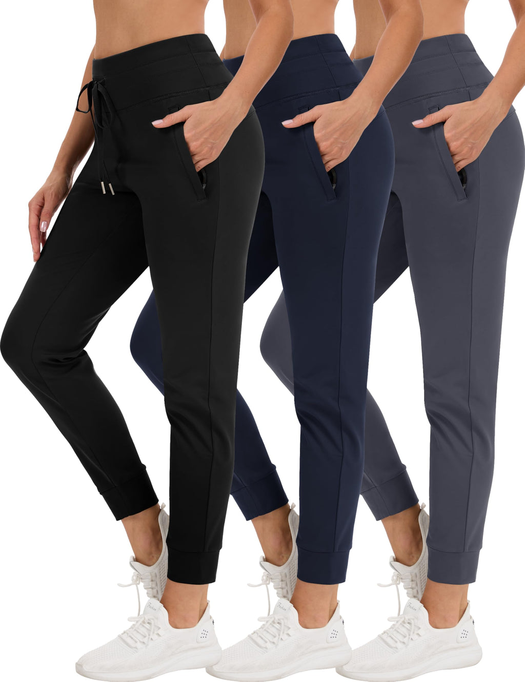 POVWVPY 3 Pack Women's Joggers, Fleece Lined Jogging Pants with Pockets, High Waist Thermal Sweatpants for Workout, Running (Black, Navy, Dark Gray, L)