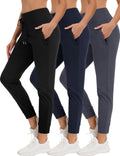 POVWVPY 3 Pack Women's Joggers, Fleece Lined Jogging Pants with Pockets, High Waist Thermal Sweatpants for Workout, Running (Black, Navy, Dark Gray, L)