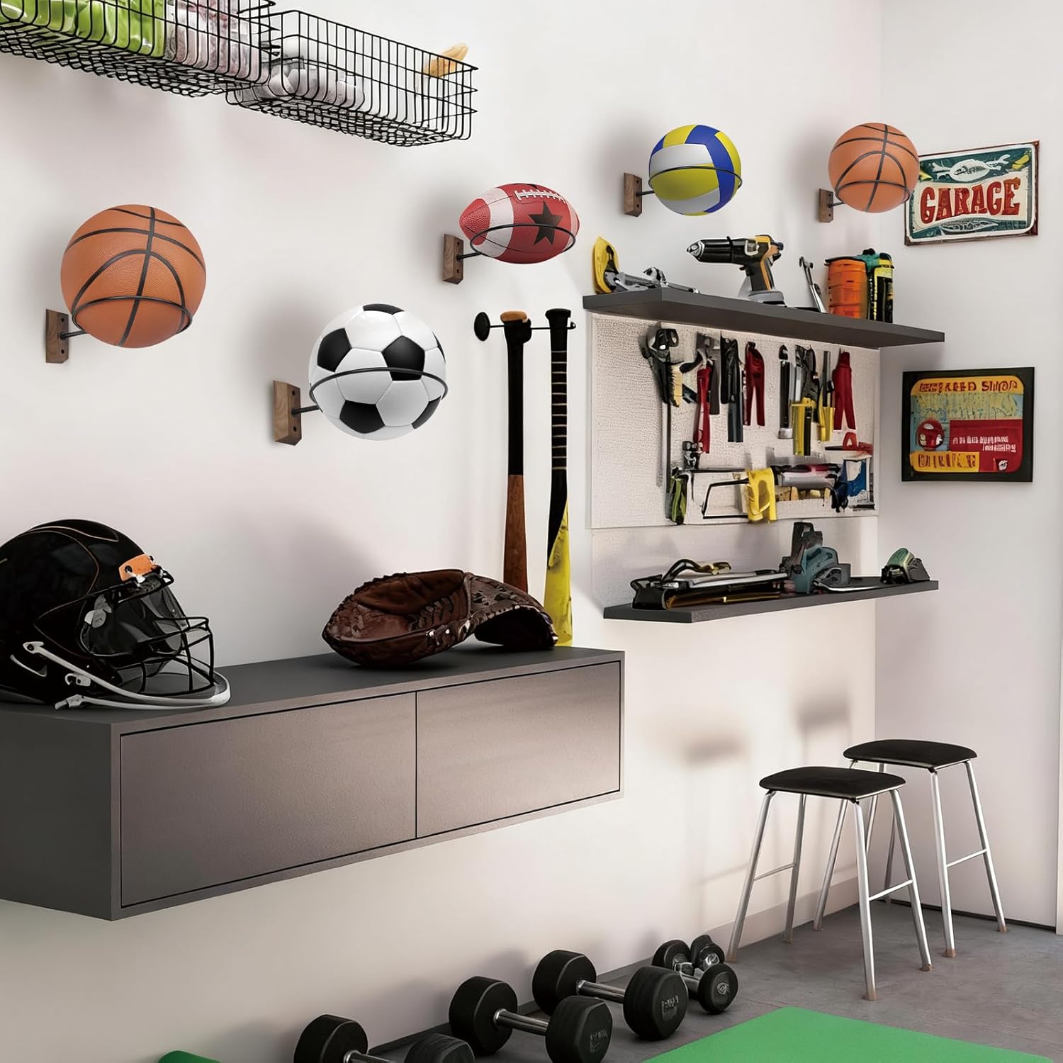 Skiennix Basketball Holder Wall Mount - 7-Inch Solid Black Walnut Base & Metal Ring | Sports Display Rack