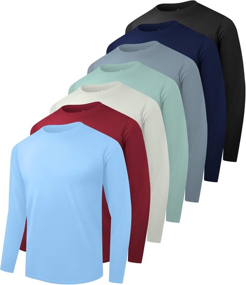 Kinglaman 7 Pack Men Dry Fit Workout Long Sleeve Athletic Gym UPF SPF UV Sun Protection Quick Dry Lightweight Shirts