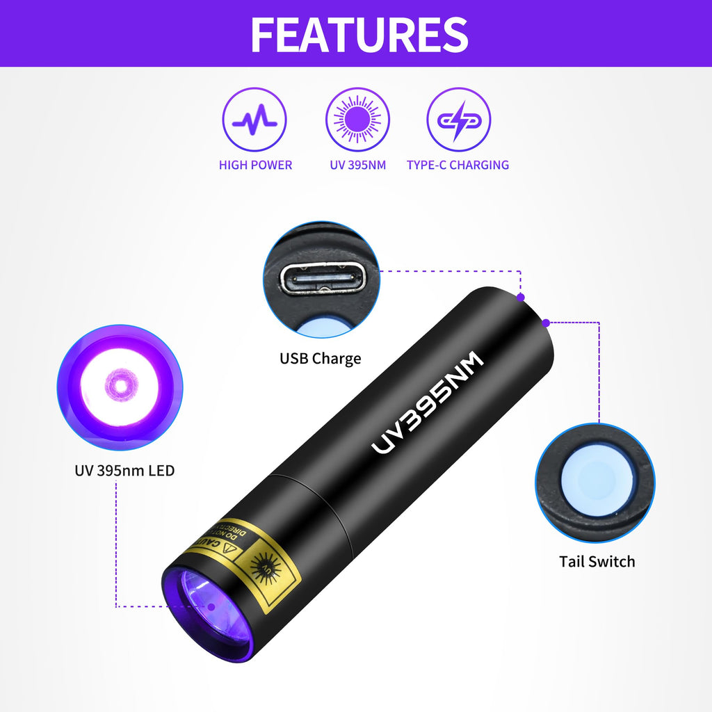 UV Flashlight Rechargeable 365nm & 395nm Black Light for Pet Urine Detection, USB Portable Blacklight Mini Powerful Woods Lamp LED ultra violet Flashlights uv for Resin Curing, Leak Detection, Travel