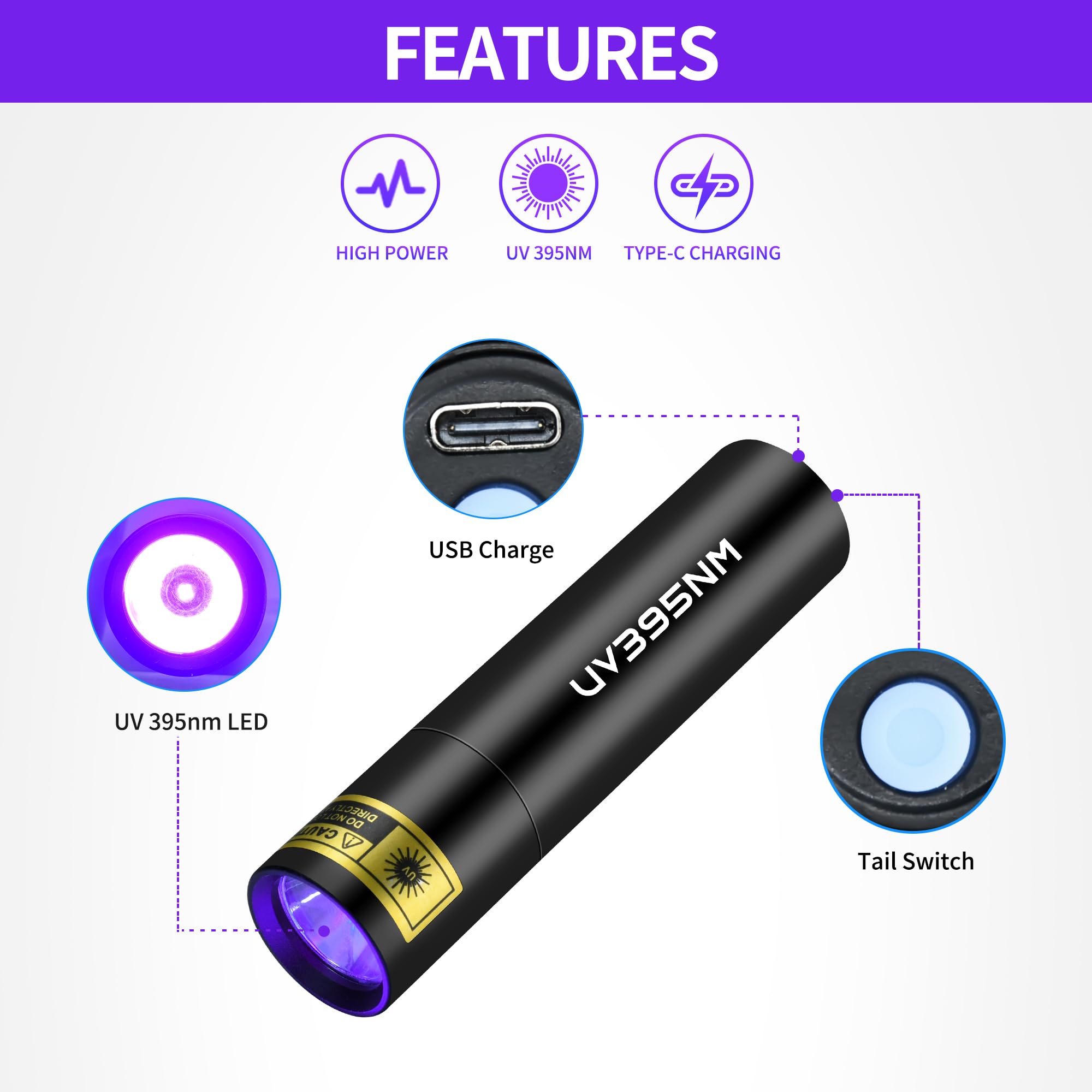 UV Flashlight Rechargeable 365nm & 395nm Black Light for Pet Urine Detection, USB Portable Blacklight Mini Powerful Woods Lamp LED ultra violet Flashlights uv for Resin Curing, Leak Detection, Travel