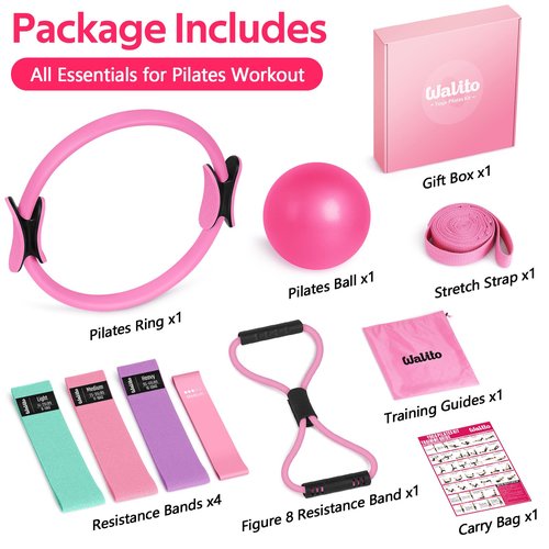 WALITO Home Pilates Kit for Women,Pilates Ring Set with Magic Circle,Resistance Bands,Figure 8 Workout Bands,Mini Ball, Compact Toning Fitness Essentials Starter Set Accessories Gift
