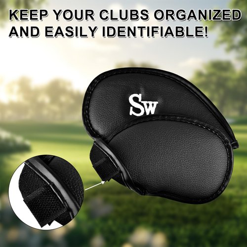 MuRealy 10PCS Premium Synthetic Leather Golf Iron Head Covers Set, Black Durable Golf Club Head Covers, Single Sided Embroidered Labels Golf Club Cover, Perfect for Most Clubs