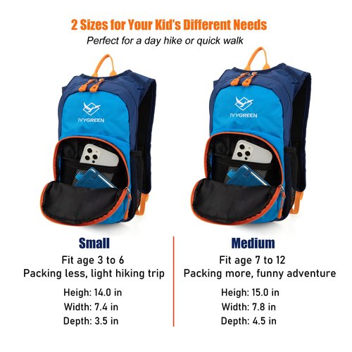 Ivygreen Kids Hydration Backpack, Hiking Backpack for Boys or Girls with 1.5L Water Bladder (Blue - Medium)