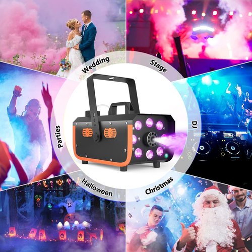 HAKUTA 500W Fog Machine - Light Rain & Splash Proof with 2300 CFM Output, 8 LED Lights & 2 Remotes
