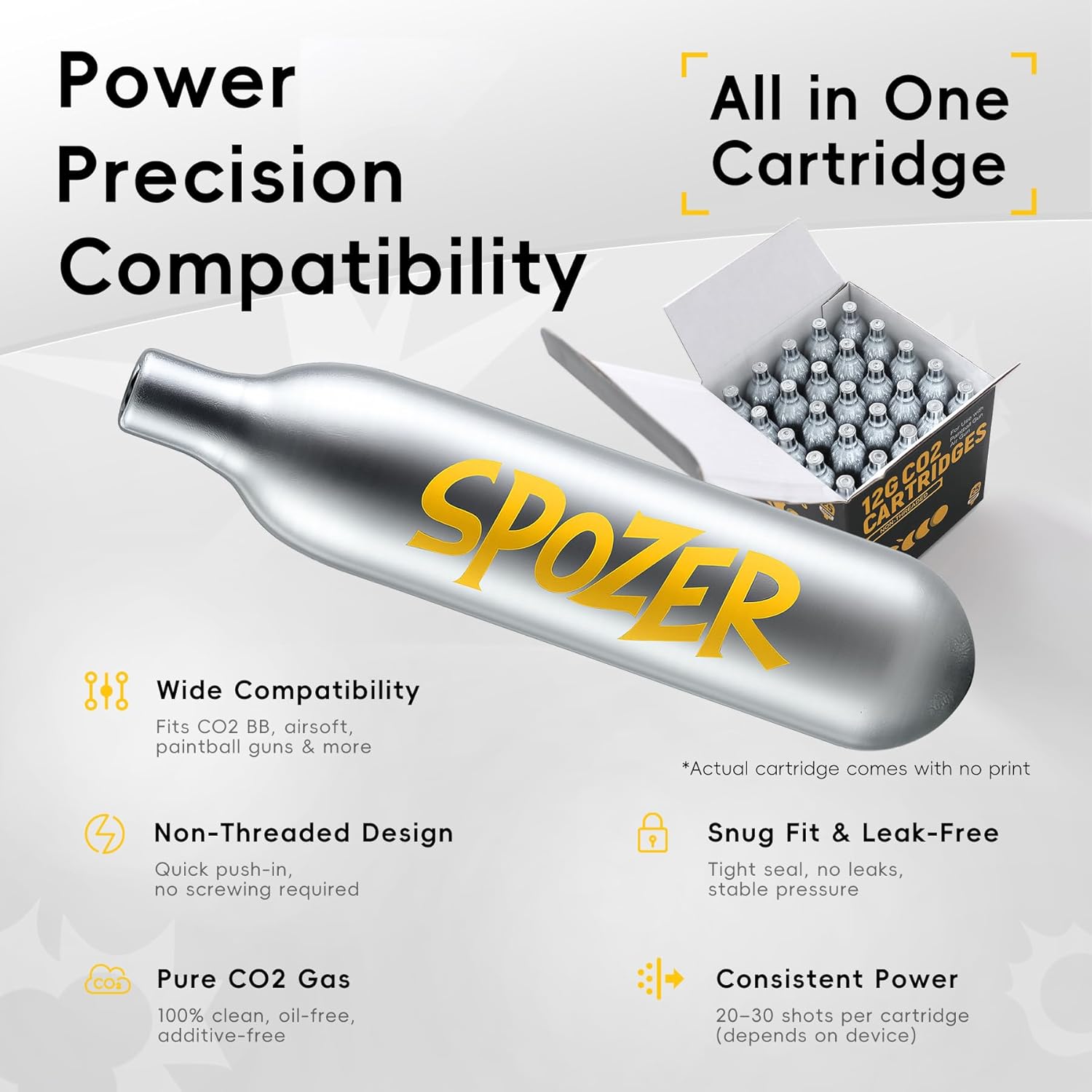 Spozer 12g CO2 Cartridges - 25 Pack, Non-Threaded Fit for BB Guns, Airguns, Paintball & More