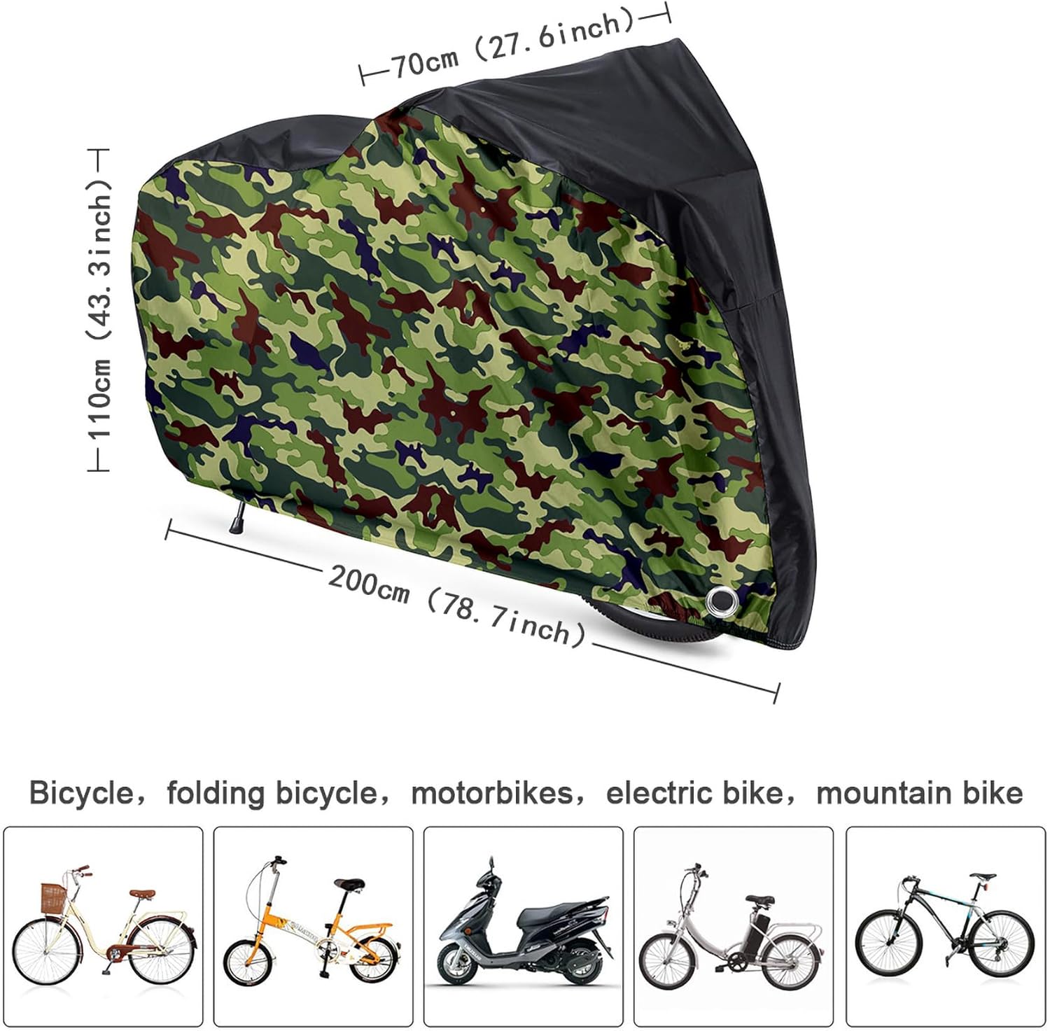Roctee Waterproof Bicycle Cover - Wind & Rain Protection for XL Mountain & Road Bikes | Black & Camo, 78.7''L x 27.6''W x 43.3''H