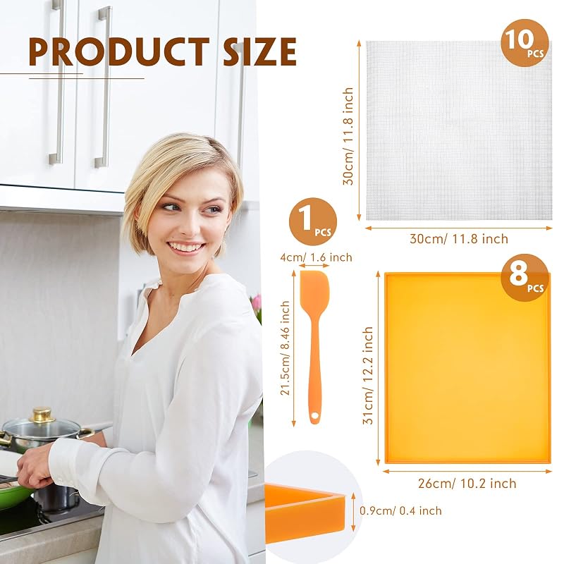 Orange Silicone Dehydrator Mats Pack – 8 Sheets with Edges, 10 Mesh Mats & 1 Scraper