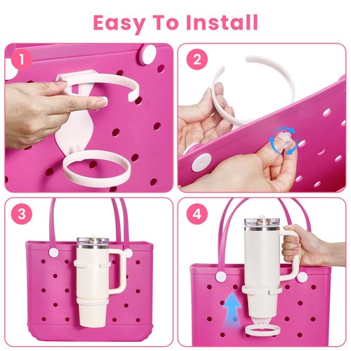 ANTAND Accessories for Bogg Bag, Foldable Cup Holder for 30oz 40oz Stanley Cup, Adjustable Drink Water Bottle Holder Only for BOGG Bag, Insert Charm Carabiner Key Holder Hooks for Tote Bag (White)