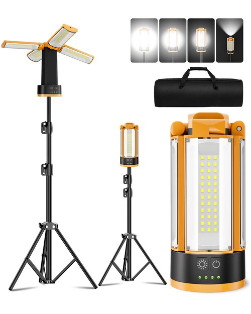 T-SUN Rechargeable Camping Light with Stand, 10400mAh LED Work Light 4100 Lumens with 4 LED Lamp Heads, Portable Work Light with Detachable Tripod 67" Max Height (Orange)