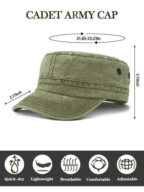 2 Pack Military Hat Washed Cotton Army Green Flat Top Caps Cadet Army Men's Baseball Caps Adjustable for Outdoor Sports
