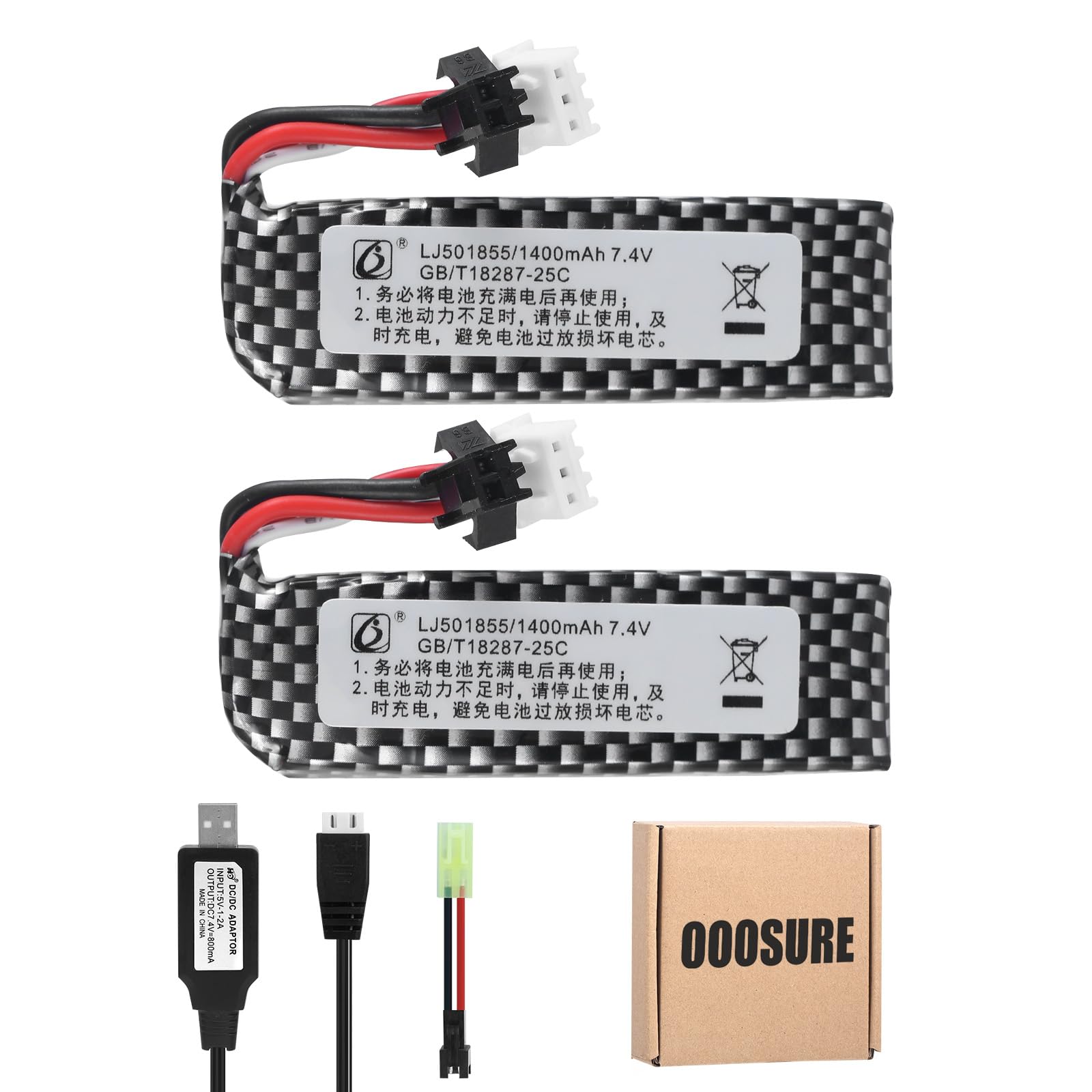 OooSure 2 pcs 7.4V 1400mAh 25C 501855 Lipo Airsoft Gun Batteries with 2S Charging Cable and SM2P to Mini Tamiya Switch Cable for Airsoft Gel Guns repalce Battery for STD-X2(2 PCS)