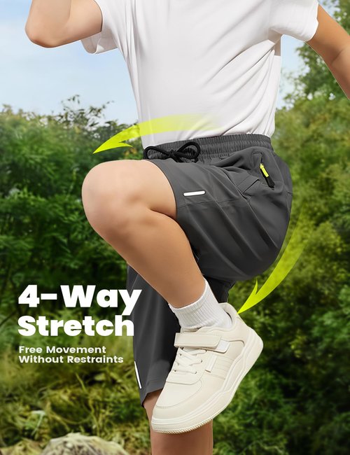 Gihuo Boys Shorts Quick Dry Athletic Shorts Kids Lightweight Outdoor Running Shorts with Zipper Pocket(BlackDarkGreyLightGrey-13Y)