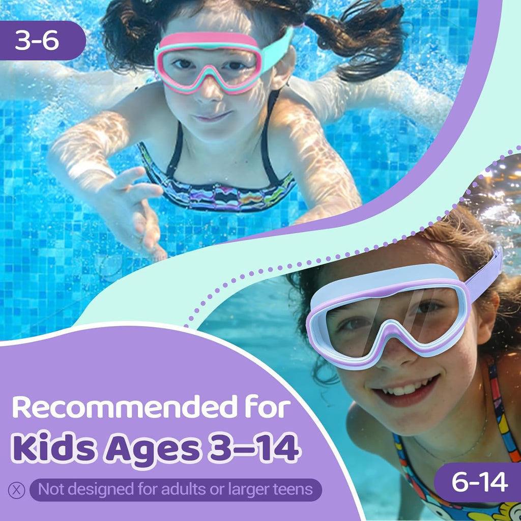 Vvinca Kids Swim Goggles - Anti-Fog, UV Protection, No Leak Design | 2 Pack with Comfort Strap for Ages 3-14