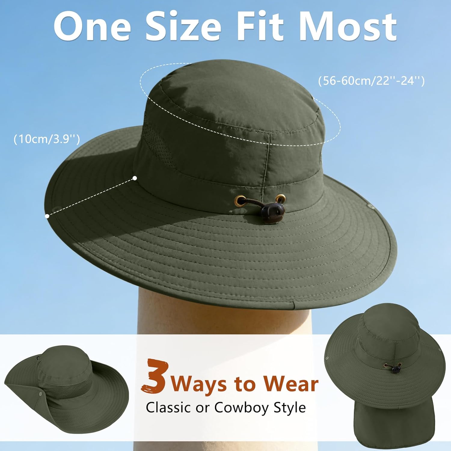 ZOORON Sun Hats - Waterproof Fishing Hat with Neck Flap | UPF 50+ Wide Brim for Hiking & Safari