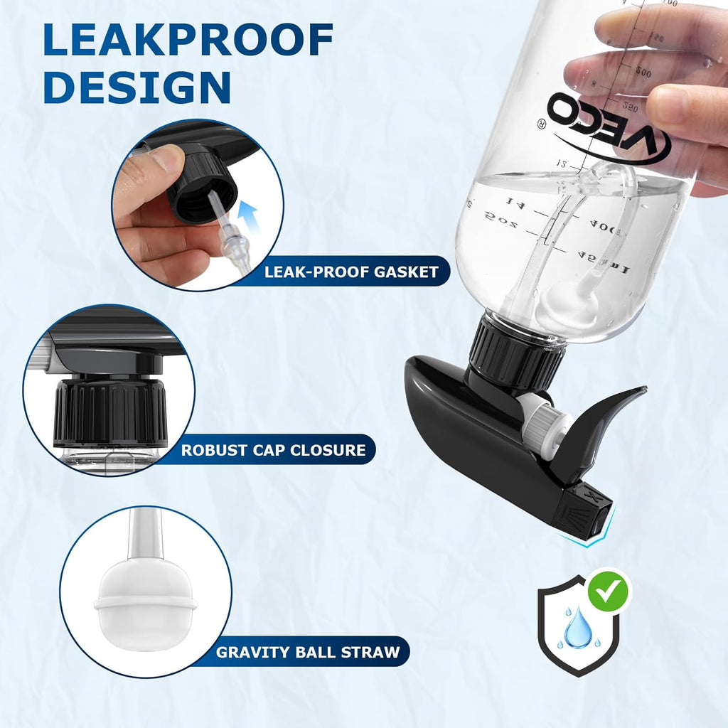 Veco 500mL Graduated Spray Bottles - 360° Any-Angle Spraying, Leak-Resistant | 4-Pack with Foldable Funnel