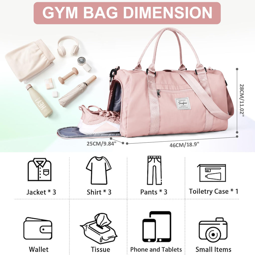 Gym Bag for Women Men with Shoes Compartment,Sports Duffle Bag Personal item travel Duffel Bags Tote Bag Small Carry on Weekender Overnight Bags Workout Dance Bag Hospital Holdalls Pink