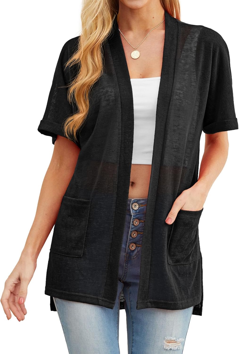 PrinStory Short Sleeve Cardigan - Lightweight Sheer Knit Cover-Up with Pockets | Casual Summer Style