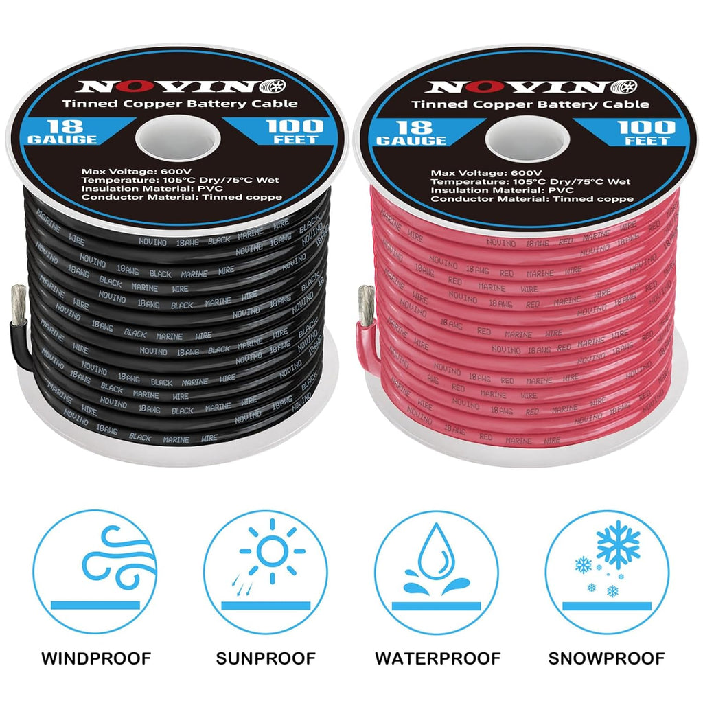 18 Gauge Marine Wire - 100FT Red & 100FT Black Tinned Copper Cable for Boats, RVs & Trailers