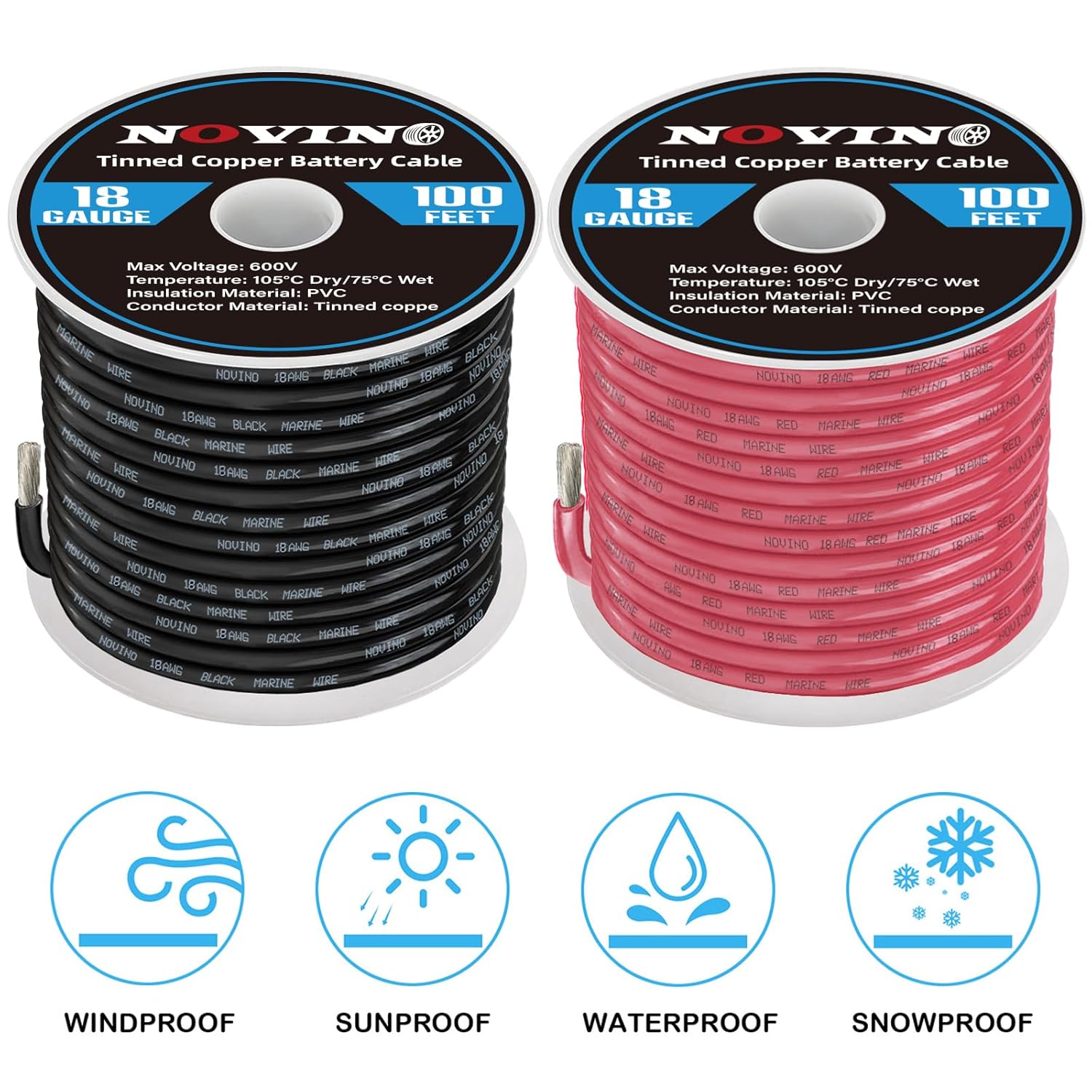 18 Gauge Marine Wire - 100FT Red & 100FT Black Tinned Copper Cable for Boats, RVs & Trailers