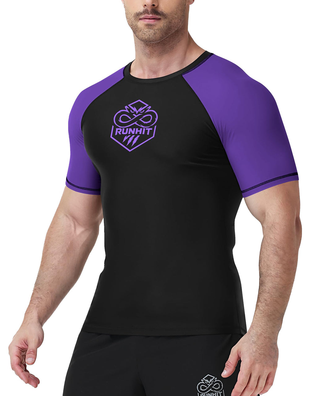 Runhit Men’s BJJ Rash Guard Short Sleeve No Gi Ranked Jiu Jitsu Compression Shirt for MMA Grappling Swimming Training Base Layer Quick Dry Purple XL