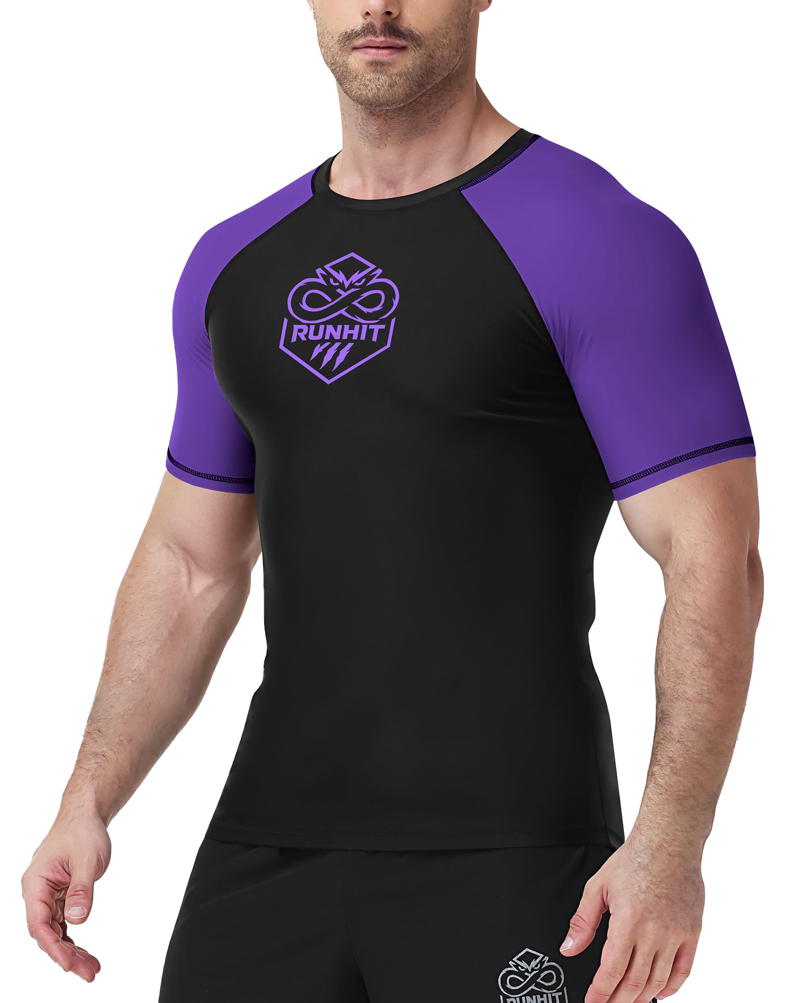 Runhit Men’s BJJ Rash Guard Short Sleeve No Gi Ranked Jiu Jitsu Compression Shirt for MMA Grappling Swimming Training Base Layer Quick Dry Purple XL