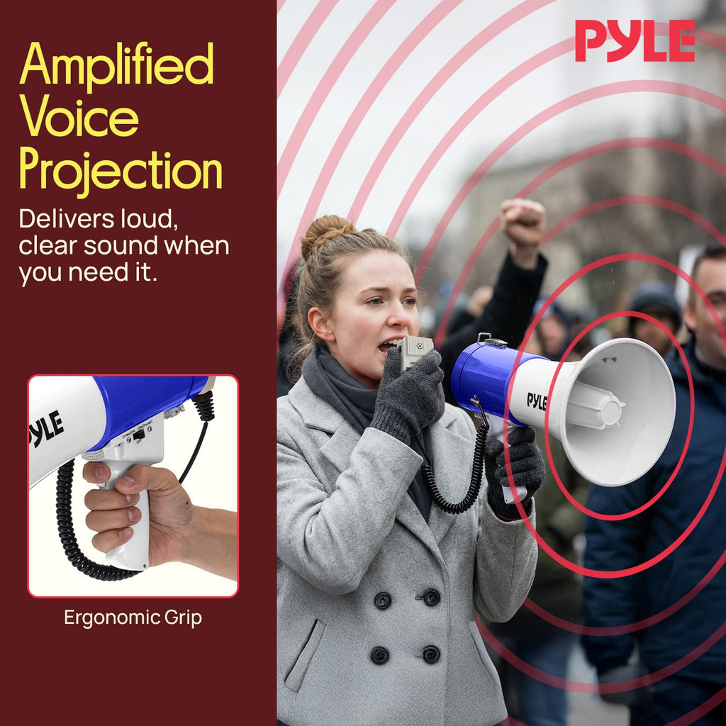 Pyle 50W Megaphone Bullhorn Speaker – Portable Bluetooth, Alarm Siren, Adjustable Volume up to 1700 Yards, Aux Input, USB/TF Playback, for Indoor/Outdoor Activities, Sports, and Emergency Drills –Blue