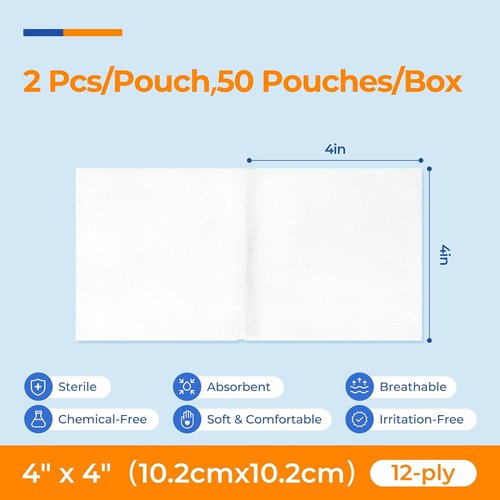 100Pcs Sterile Gauze Pads - 4x4 Inch, 12-Ply, Highly Absorbent Cotton for Wound Care